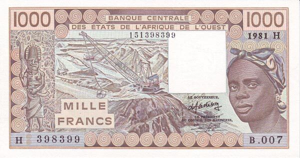 西非货币联盟 Pick 607Hb 1981年版1000 Francs 纸钞 