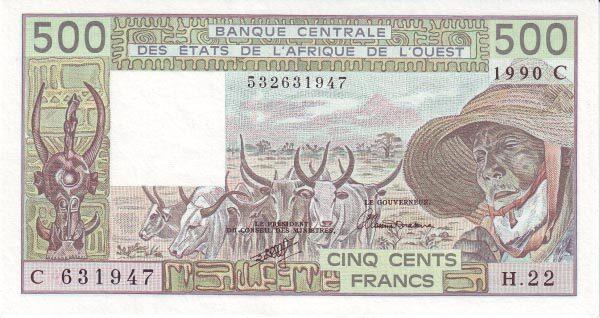 西非货币联盟 Pick 306Cm 1990年版500 Francs 纸钞 