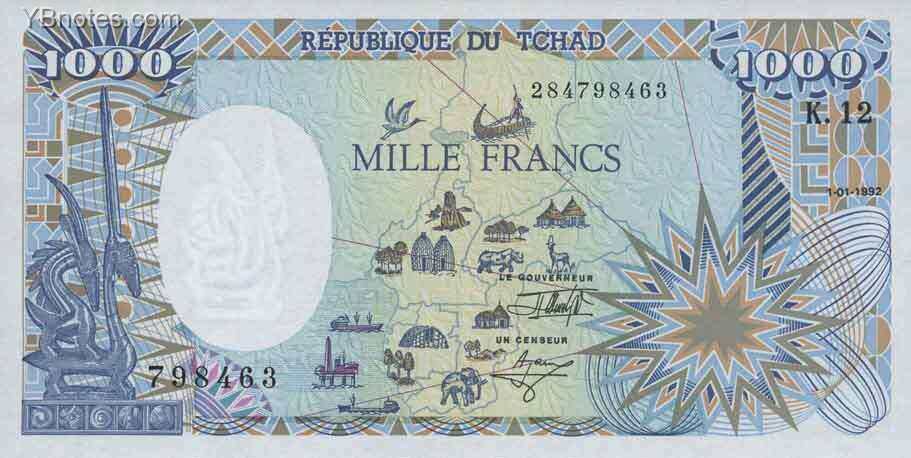 乍得 Pick 10Ac 1992年版1000 Francs 纸钞 