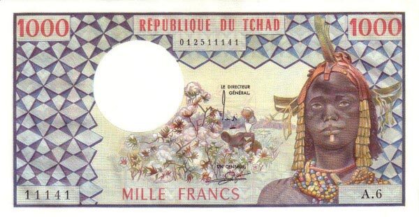 乍得 Pick 03a ND1974年版1000 Francs 纸钞 