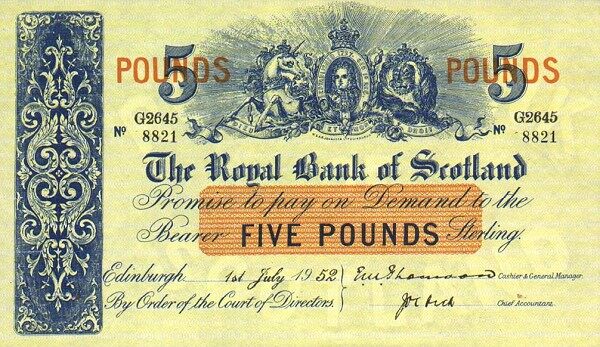 苏格兰 pick 323a 1952.7.1年版5 pounds 纸钞