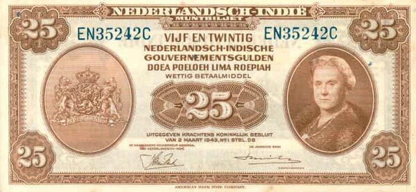 荷属东印度 Pick 115a 1943年版25 Gulden 纸钞 