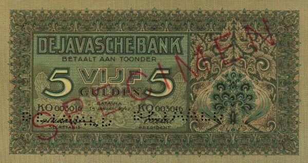 荷属东印度 Pick 086 1942年版5 Gulden 纸钞 