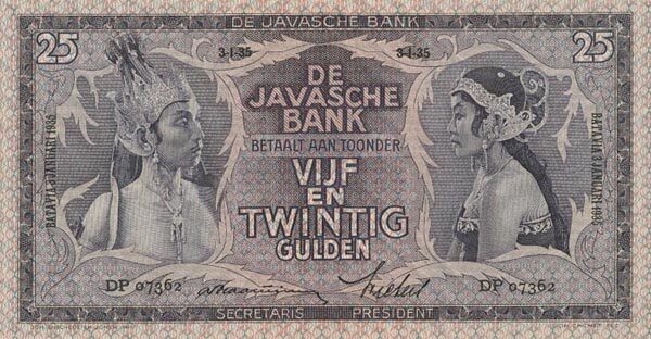 荷属东印度 Pick 080 1936年版25 Gulden 纸钞 