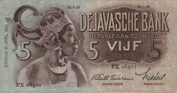 荷属东印度 Pick 078 1939年版5 Gulden 纸钞 