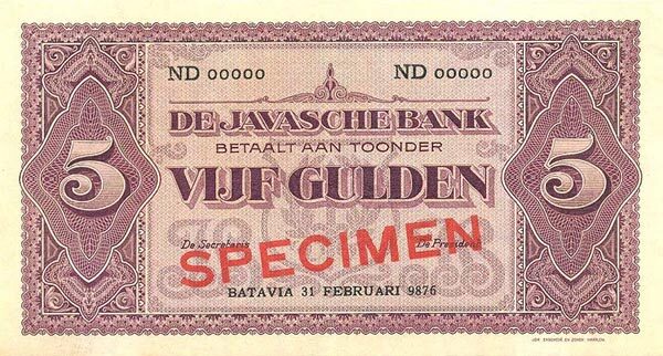 荷属东印度 Pick 069s 1925年版5 Gulden 纸钞 
