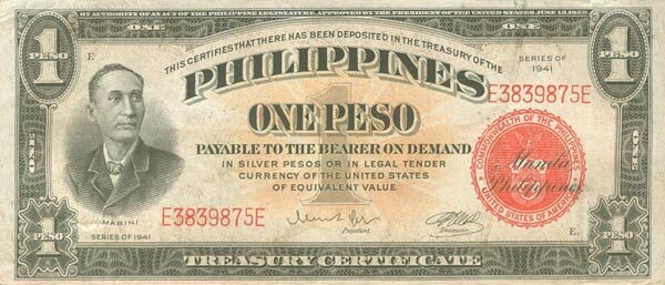 菲律宾 Pick 089a 1941年版1 Peso 纸钞 