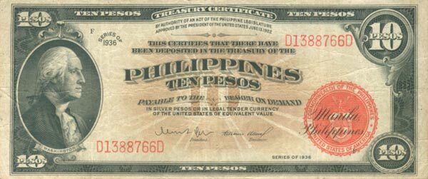 菲律宾 Pick 084a 1936年版10 Pesos 纸钞 