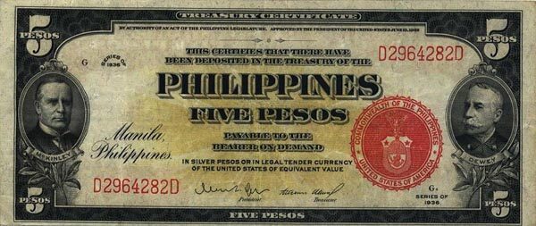 菲律宾 Pick 083a 1936年版5 Pesos 纸钞 