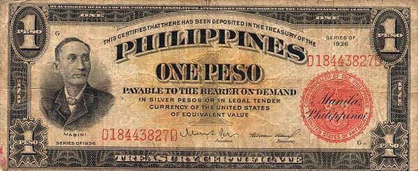 菲律宾 Pick 081 1936年版1 Peso 纸钞 