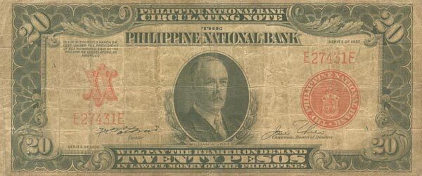 菲律宾 Pick 059 1937年版20 Pesos 纸钞 