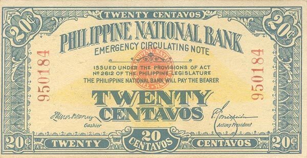 菲律宾 Pick 040 1917.11.20年版20 Centavos 纸钞 