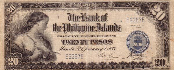 菲律宾 Pick 024 1933.1.1年版20 Pesos 纸钞 