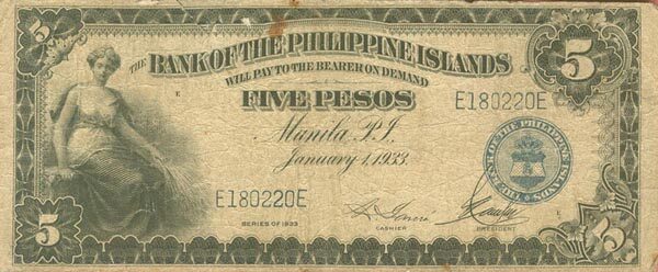 菲律宾 Pick 022 1933.1.1年版5 Pesos 纸钞 