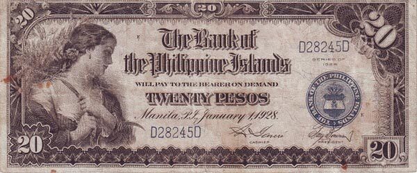 菲律宾 Pick 018 1928.1.1年版20 Pesos 纸钞 