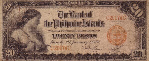 菲律宾 Pick 015 1920.1.1年版20 Pesos 纸钞 