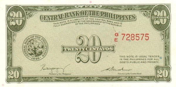 菲律宾 Pick 130a ND1949年版20 Centavos 纸钞 