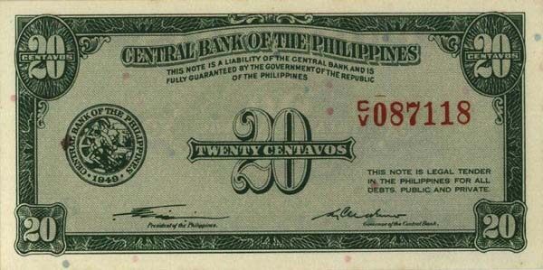 菲律宾 Pick 129 L.1949年版20 Centavos 纸钞 