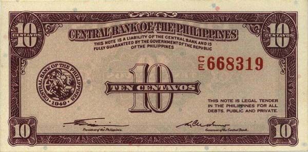 菲律宾 Pick 127 L.1949年版10 Centavos 纸钞 