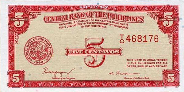 菲律宾 Pick 126 ND1949年版5 Centavos 纸钞 