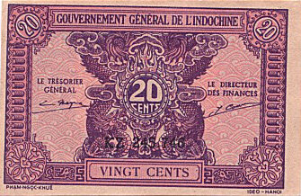 法属印度支那 Pick 090 ND1942年版20 Cents 纸钞 