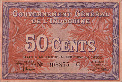 法属印度支那 Pick 087a ND1939年版50 Cents 纸钞 