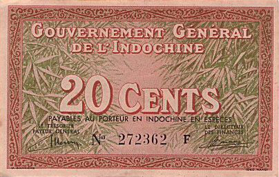 法属印度支那 Pick 086a ND1939年版20 Cents 纸钞 