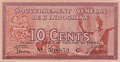 法属印度支那 Pick 085a ND1939年版10 Cents 纸钞 