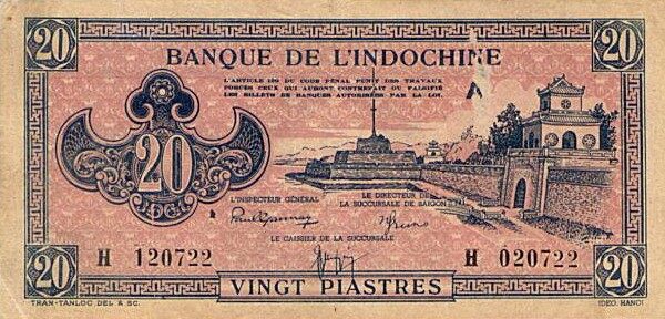 法属印度支那 Pick 072 ND1942-1945年版20 Piastres 纸钞 