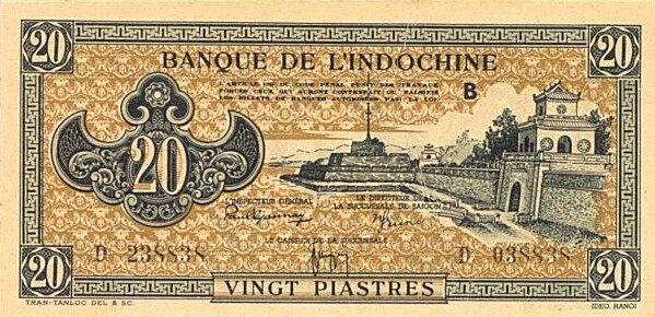 法属印度支那 Pick 071 ND1942-1945年版20 Piastres 纸钞 