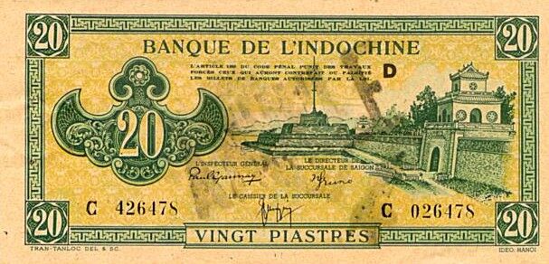 法属印度支那 Pick 070 ND1942-1945年版20 Piastres 纸钞 