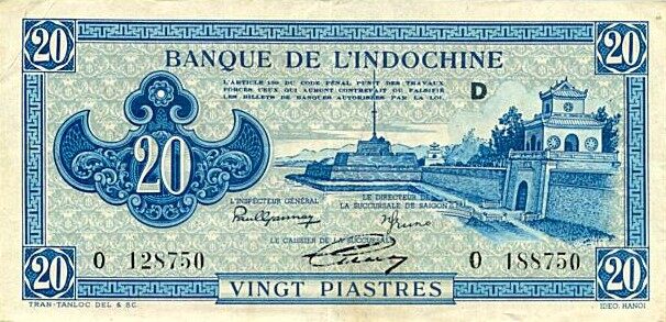 法属印度支那 Pick 065 ND1942-1945年版20 Piastres 纸钞 