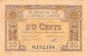 法属印度支那 Pick 045a L.1919年版20 Cents 纸钞 