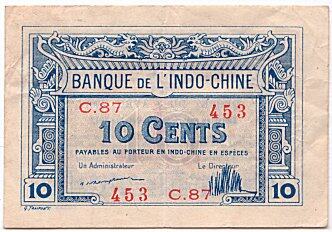 法属印度支那 Pick 044 L.1919年版10 Cents 纸钞 