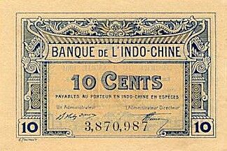 法属印度支那 Pick 043 L.1919年版10 Cents 纸钞 