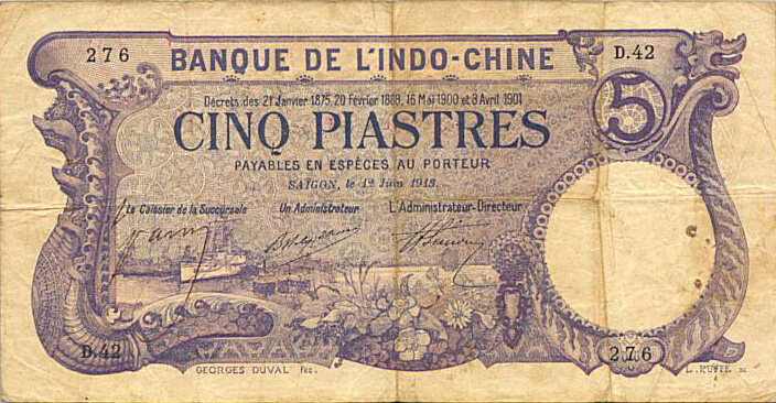 法属印度支那 Pick 037b 1913年版5 Piastres 纸钞 