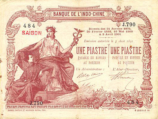 法属印度支那 Pick 034b ND1909-1921年版1 Piastre 纸钞 