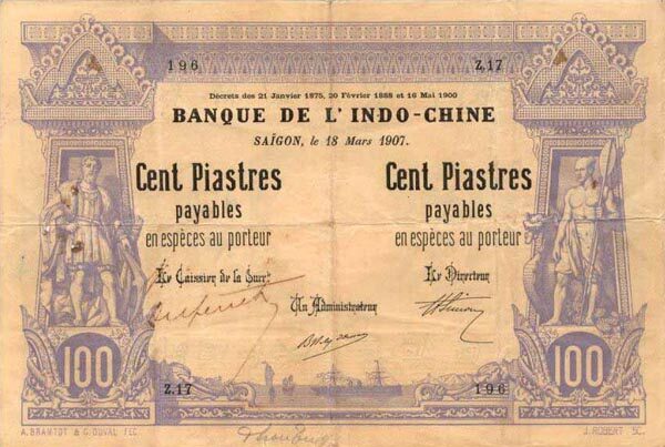 法属印度支那 Pick 033 1907.3.18年版100 Piastres 纸钞 