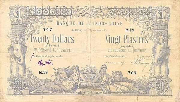 法属印度支那 Pick 030 1898.9.3年版20 Dollars 纸钞 