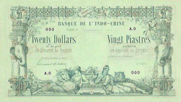 法属印度支那 Pick 022s ND1876-92年版20 Piastres 纸钞 