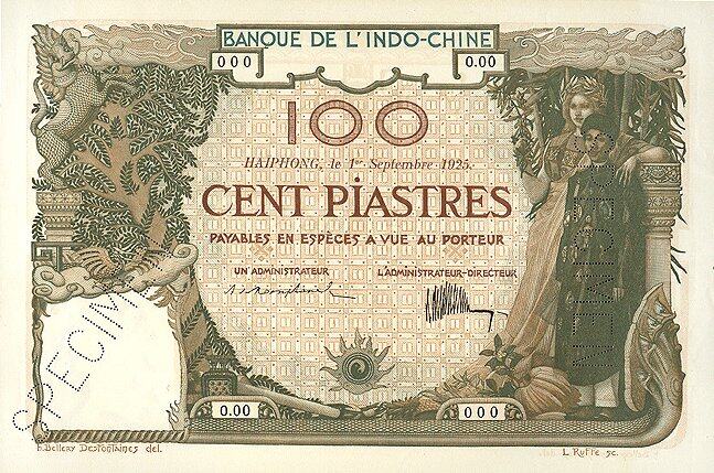法属印度支那 Pick 020s 1925.9.1年版100 Piastres 纸钞 