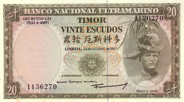 东帝汶 Pick 26 1967.10.24年版20 Escudos 纸钞 