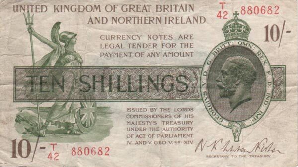 英国 Pick 360 ND191928年版10 Shillings 纸钞 