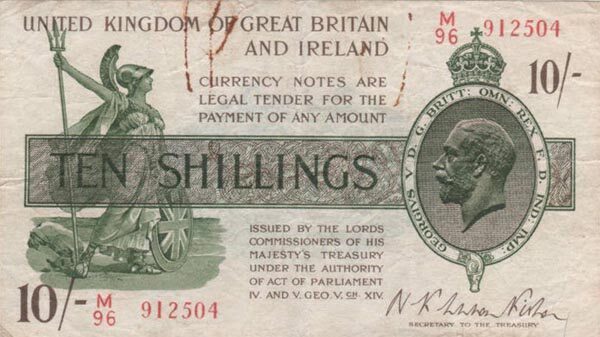 英国 Pick 358 ND1922-23年版10 Shillings 纸钞 