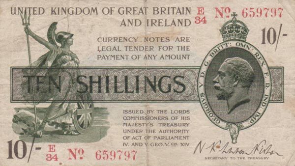 英国 Pick 356 ND1919年版10 Shillings 纸钞 