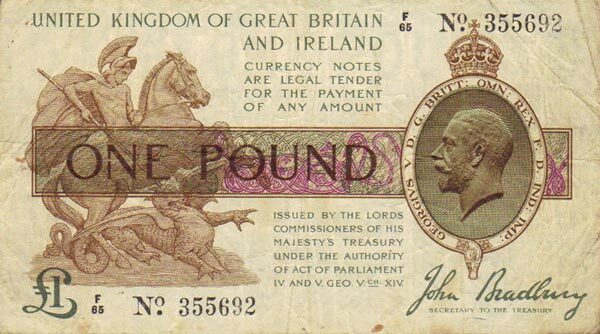 英国 Pick 351 ND1917年版1 Pound 纸钞 