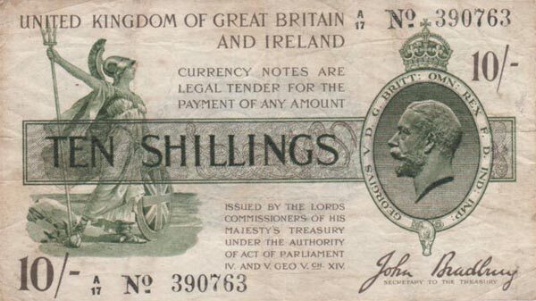 英国 Pick 350a ND1918年版10 Shillings 纸钞 