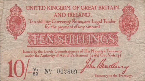 英国 Pick 348 ND1915年版10 Shillings 纸钞 