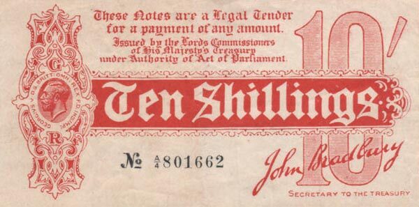 英国 Pick 346 ND1914.8年版10 Shillings 纸钞 