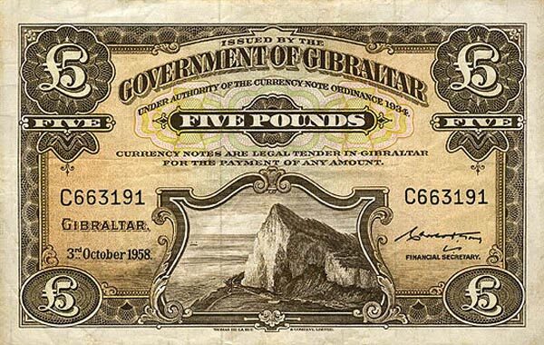 直布罗陀 Pick 19a 1958.10.3年版5 Pounds 纸钞 